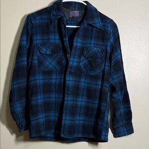 Pendleton Blue Black Plaid Wool Collared Button Down Flannel Size Medium